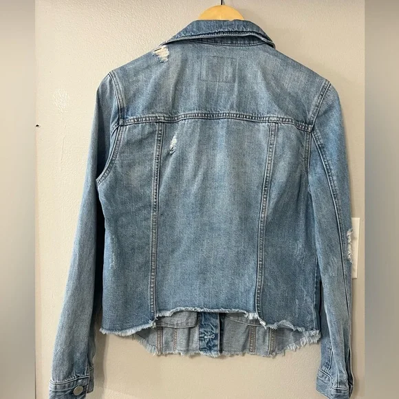 Blank NYC Distressed Denim Jacket Cropped Raw Hem Size S Light Wash Jean Jacket - Picture 4 of 11